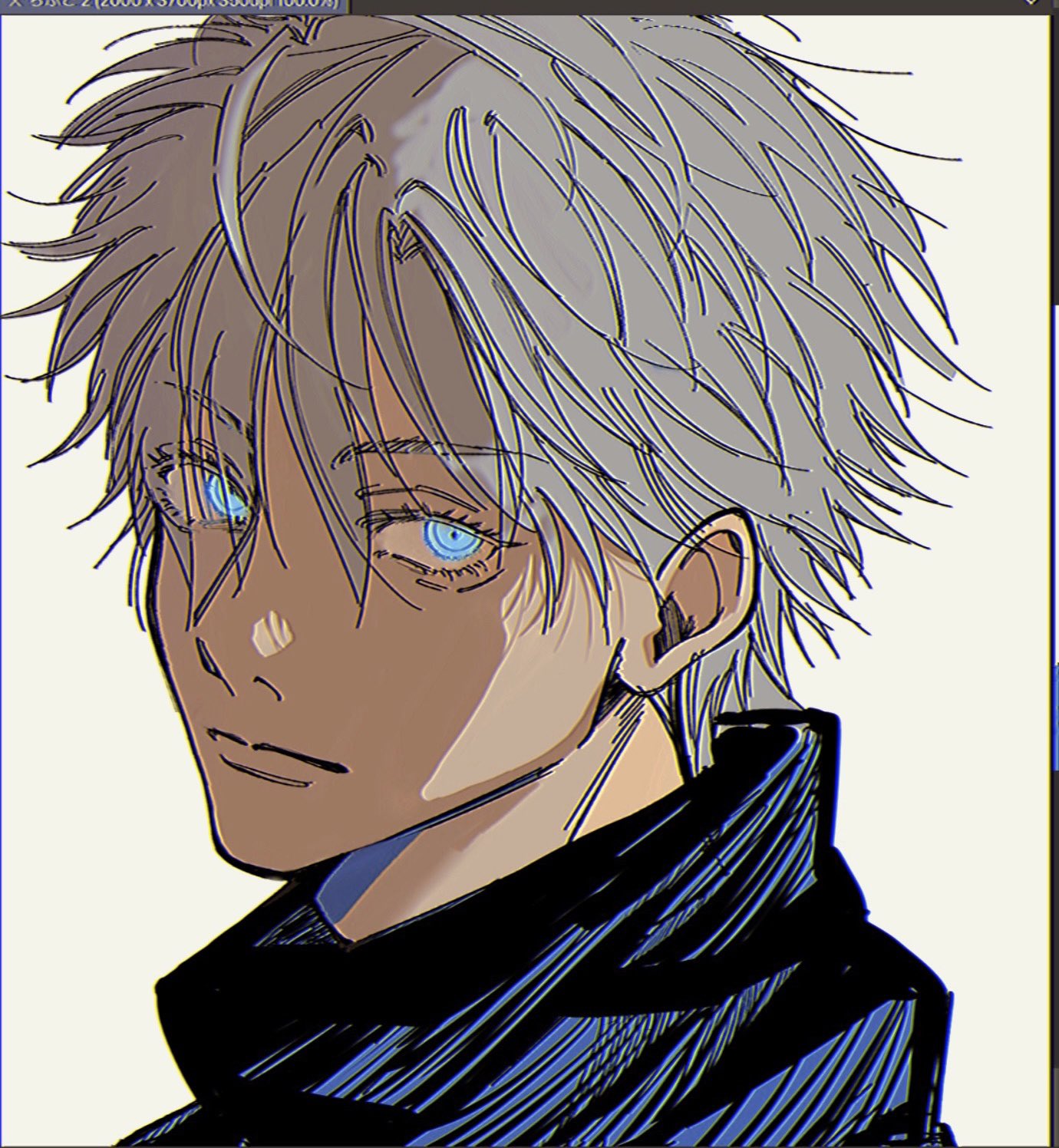 1boy, blue_eyes, closed_mouth, commentary_request, eyes_visible_through_hair, gojou_satoru, grey_hair, high_collar