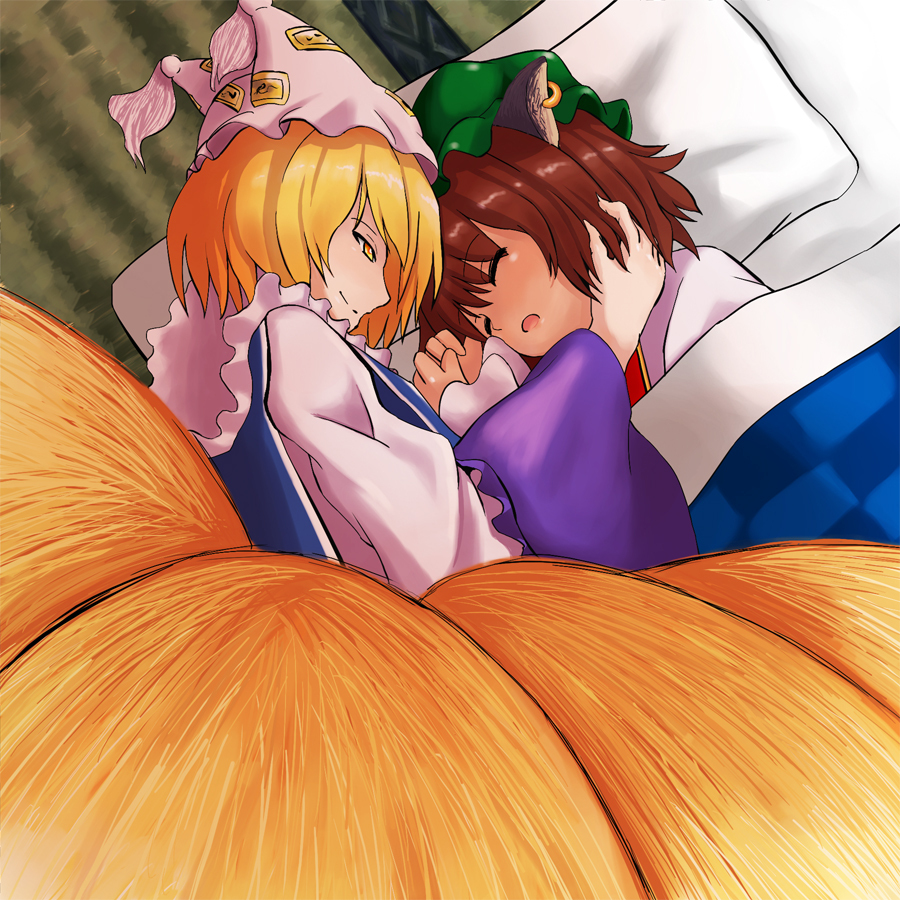 animal_ears, blonde_hair, brown_hair, cat_ears, chen, closed_eyes, earrings, fox_tail