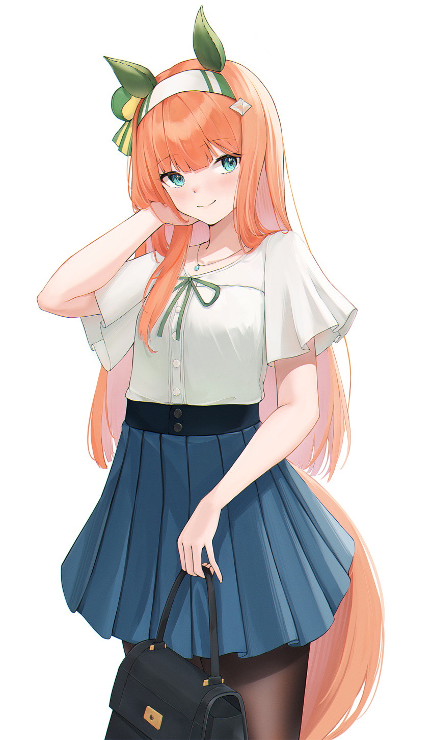 animal_ears, aqua_eyes, bag, blue_skirt, brown_thighhighs, closed_mouth, hand_in_own_hair, hand_up