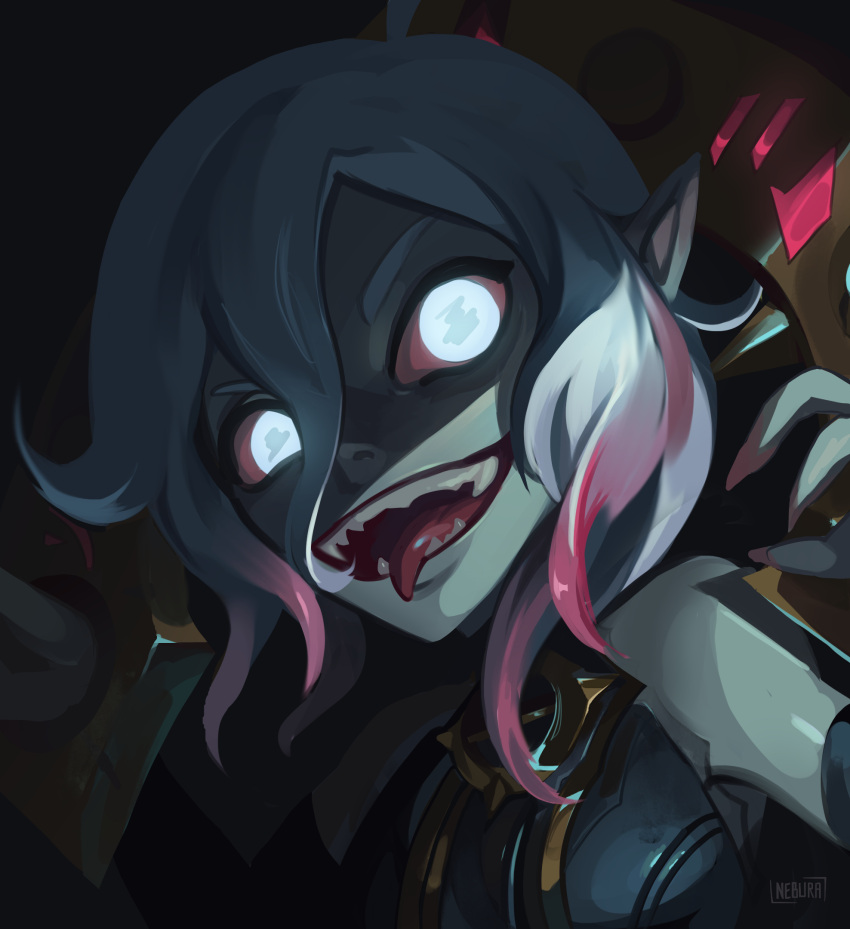 1girl, ahoge, artist_name, bare_shoulders, briar_(league_of_legends), grey_hair, highres, league_of_legends, medium_hair, nebura_(neburaart), pointy_ears, sharp_teeth, smile, solo, teeth, tongue, tongue_out, upper_body, white_eyes