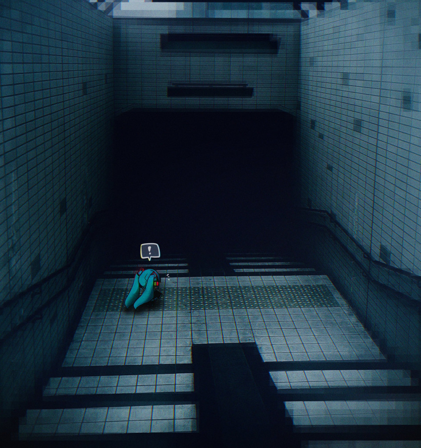 !, 1girl, aqua_hair, dark, from_behind, hair_ornament, hatsune_miku, highres