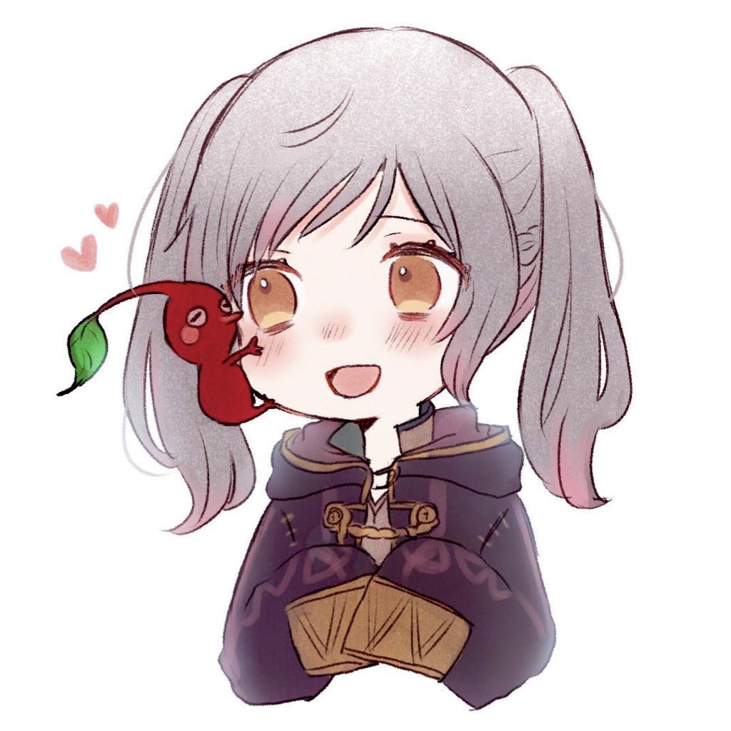 fire_emblem, fire_emblem_awakening, hood, jiro_baji, light_blush, long_hair, open_mouth, pikmin_(creature), pikmin_(series), red_pikmin, robin_(female)_(fire_emblem), robin_(fire_emblem), twintails, white_hair, yellow_eyes