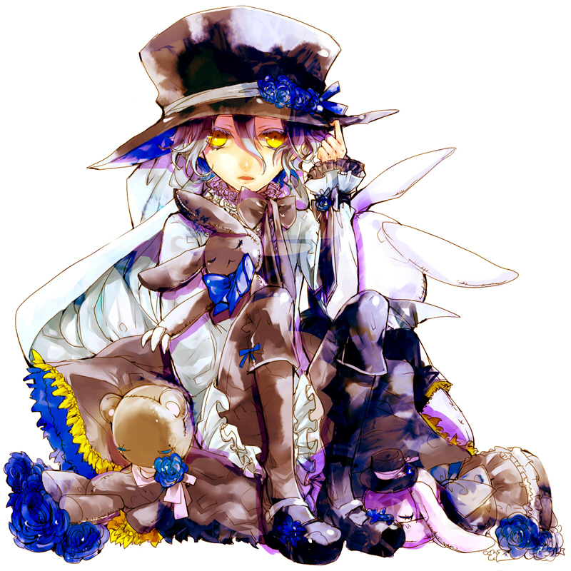 black_hair, boots, flower, formal, gilbert_nightray, hakuk, male, pandora_hearts, ribbon, rose, short_hair, sitting, solo, stuffed_animal, stuffed_bunny, stuffed_rabbit, stuffed_toy, young