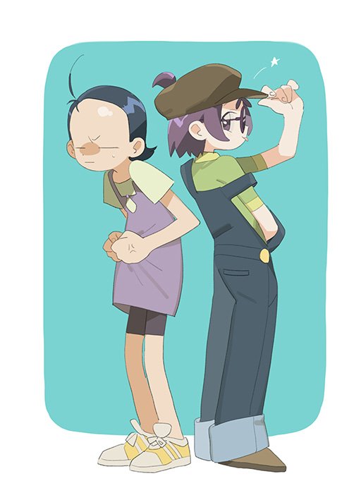 2girls, ahoge, anger_vein, back-to-back, blue_hair, blue_overalls, brown_headwear, cabbie_hat