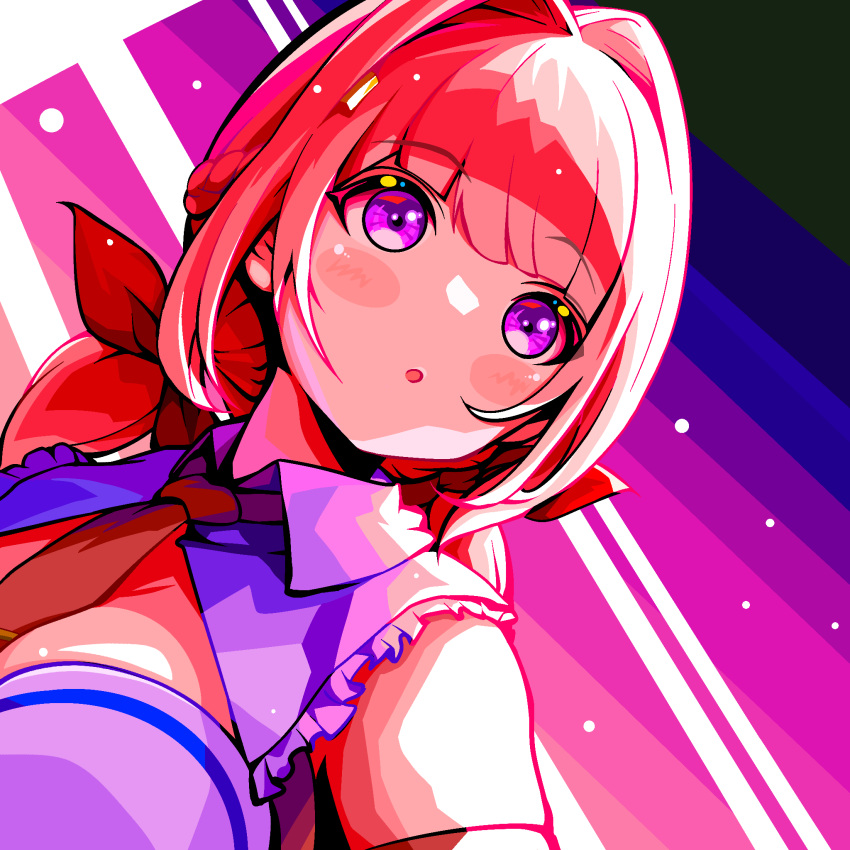 1girl, :o, assault_lily, black_background, blue_background, blush, braid, breasts