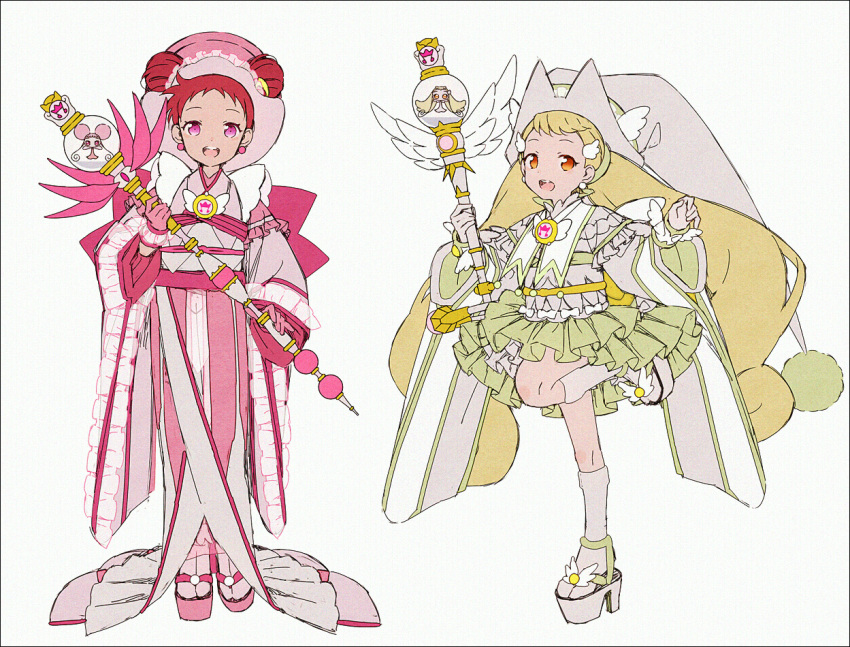 2girls, :d, adapted_costume, blonde_hair, brooch, commentary_request, dodo_(ojamajo_doremi), double_bun