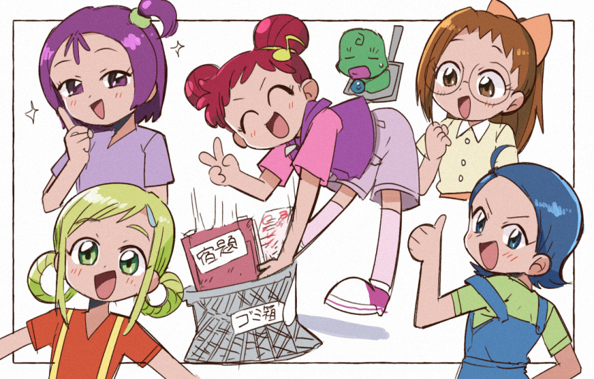 5girls, :d, ahoge, asuka_momoko, blonde_hair, blue_eyes, blue_hair, blue_overalls