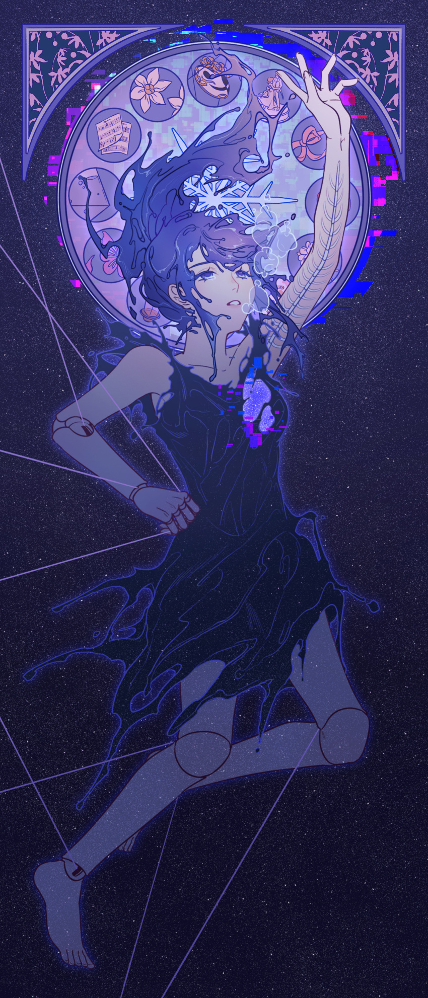 1girl, absurdres, asahina_mafuyu, black_dress, bubble, dress, english_commentary, flower