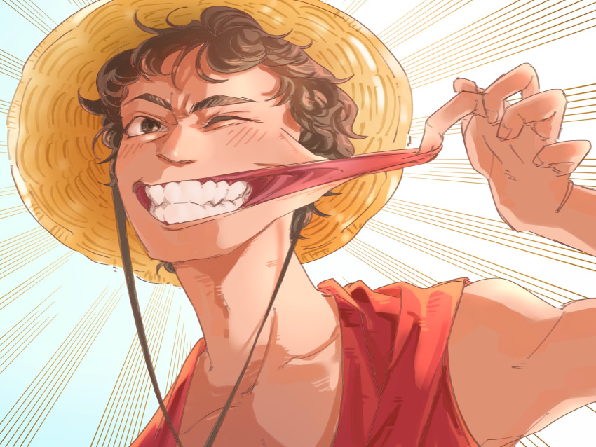 1boy, bare_shoulders, black_hair, curly_hair, elasticity, english_commentary, hat, highres