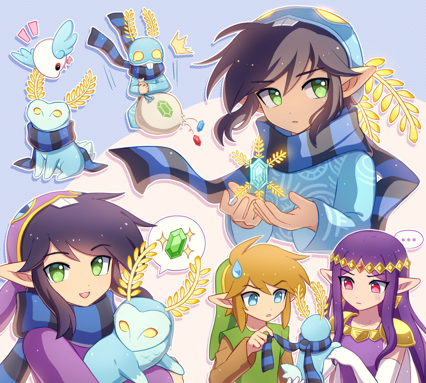 ..., 1girl, 2boys, ^^^, absurdres, animal_hood, armor, bird