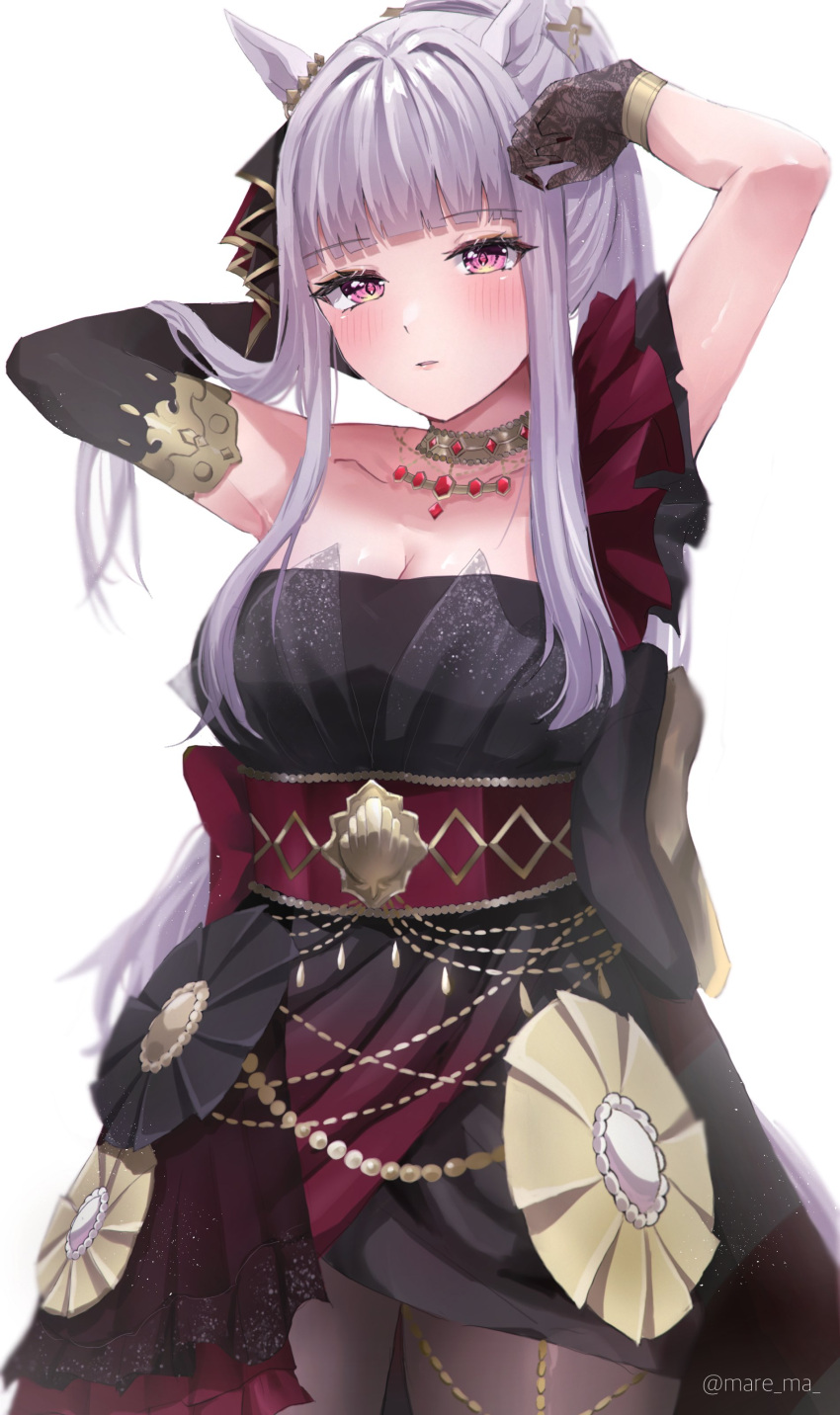 1girl, absurdres, animal_ears, black_dress, black_gloves, blush, breasts, closed_mouth