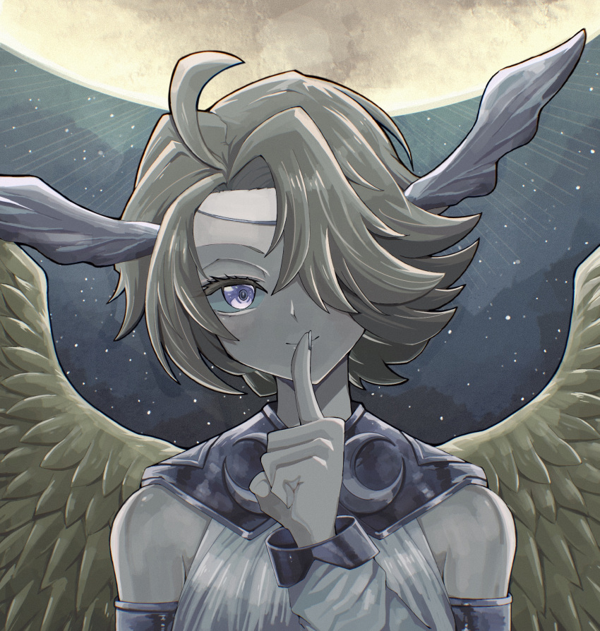 1girl, ahoge, bare_shoulders, brown_hair, detached_sleeves, duel_monster, feathered_wings, finger_to_mouth, hair_over_one_eye, head_wings, highres, index_finger_raised, moon, parted_bangs, protector_of_the_agents_-_moon, short_hair, solo, tamatarou, upper_body, violet_eyes, wings, yu-gi-oh!