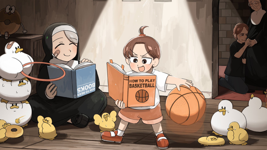 4girls, :d, ^_^, aged_down, ball, bandaid, bandaid_on_face, basketball_(object)