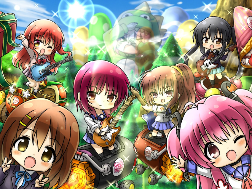 >_<, 6+girls, angel_beats!, black_hair, blue_ribbon, blue_skirt, bocchi_the_rock!, bow