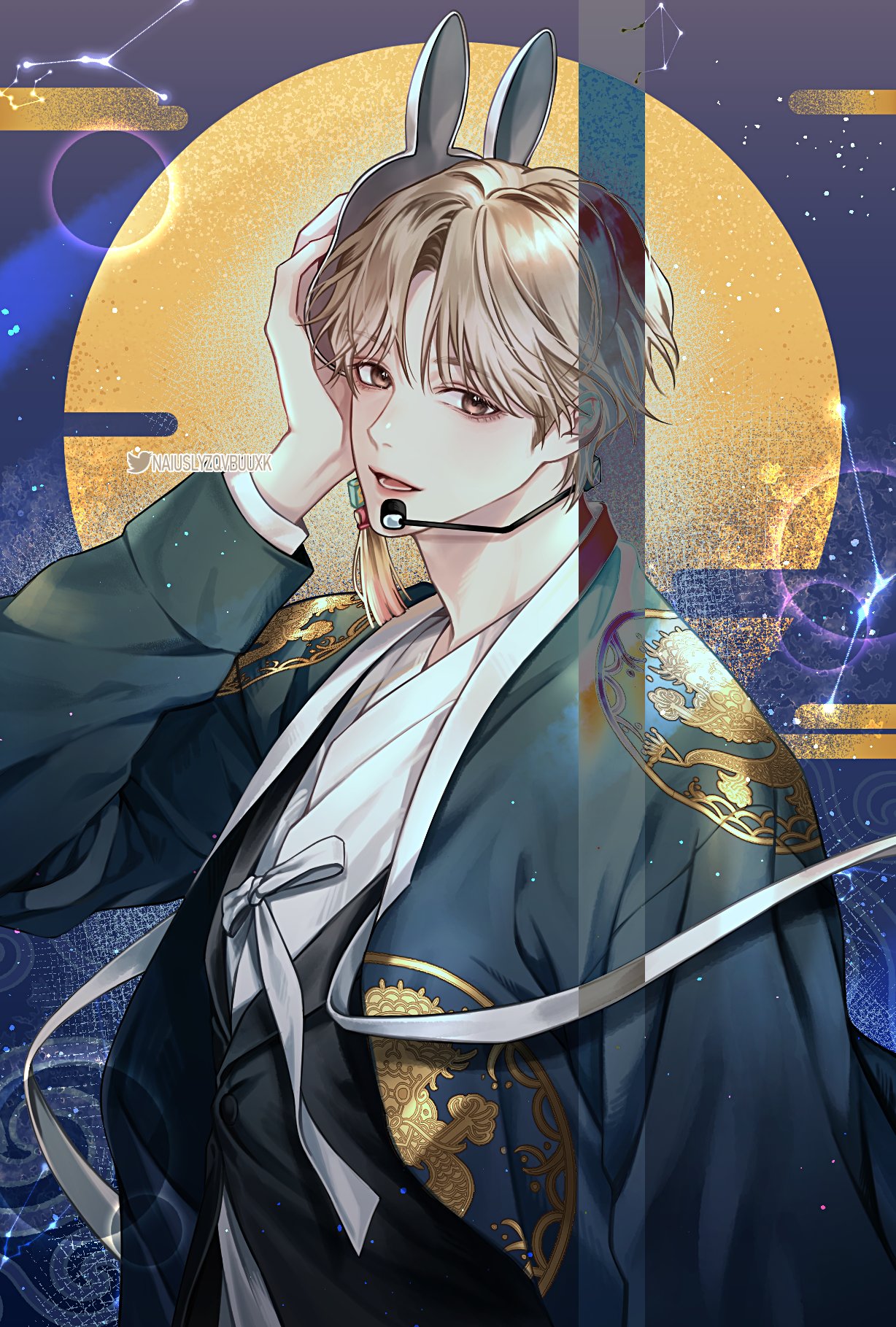 1boy, bishounen, black_hanbok, blonde_hair, brown_eyes, debwi_mos_hamyeon_jugneun_byeong_geollim, hanbok, highres, korean_clothes, long_sleeves, looking_at_viewer, male_focus, mask, mask_on_head, microphone, naiuslyzqvbuuxk, open_mouth, parted_bangs, rabbit_mask, seon_ahyun, short_hair, solo, tassel