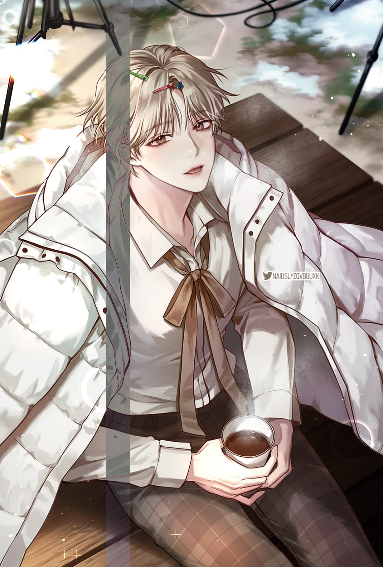 1boy, blonde_hair, bow, brown_bow, brown_eyes, coffee, collared_shirt, cup, day, debwi_mos_hamyeon_jugneun_byeong_geollim, drink, hair_ornament, hairclip, highres, holding, holding_drink, light_particles, looking_at_viewer, male_focus, naiuslyzqvbuuxk, open_mouth, outdoors, pants, seon_ahyun, shirt, sitting, smile, solo, sparkle