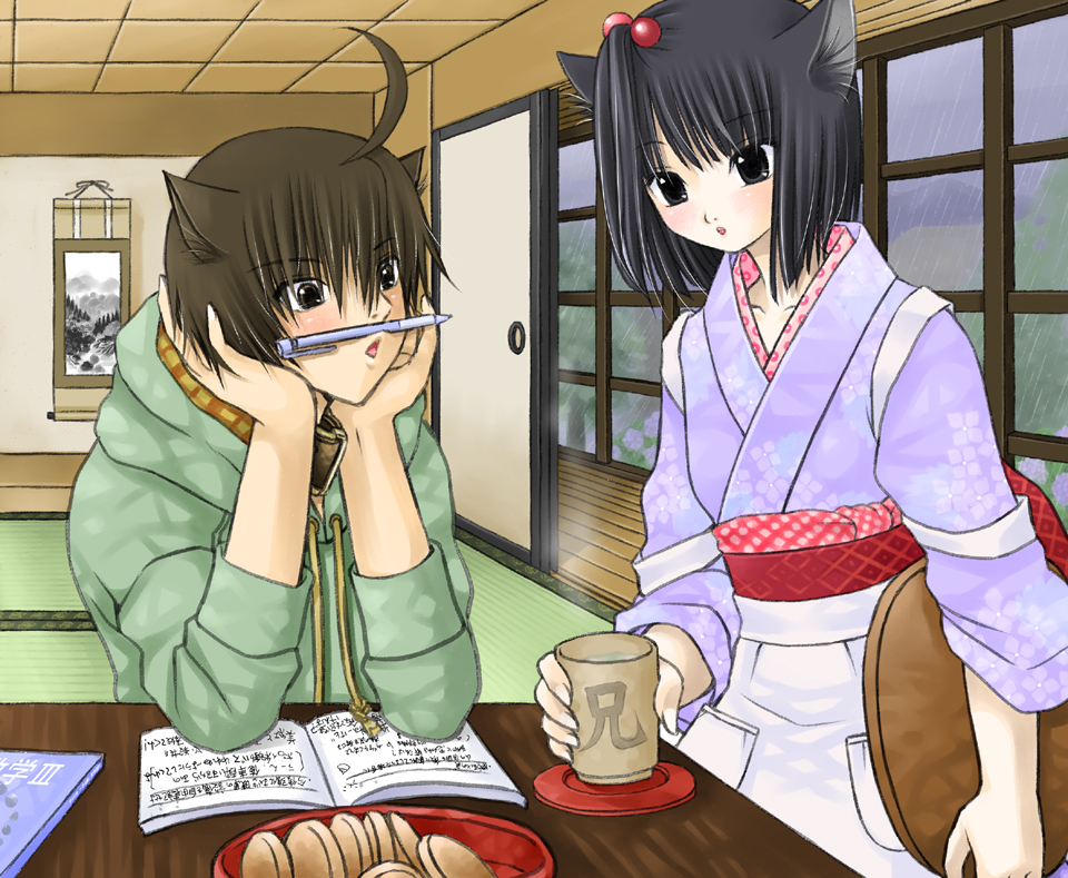 animal_ears, apron, black_eyes, black_hair, book, brother_and_sister, brown_eyes, brown_hair