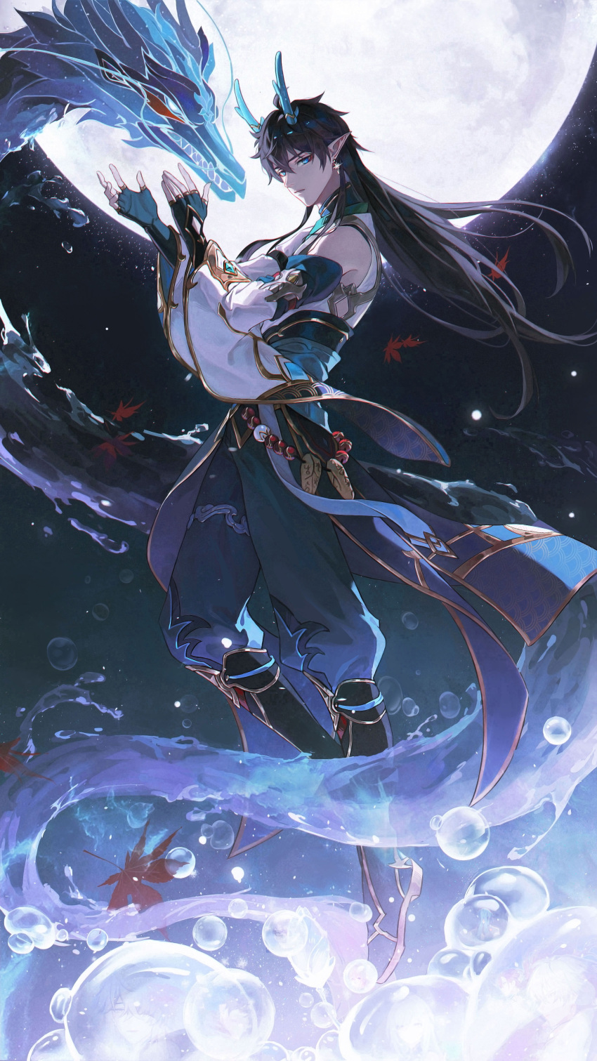 1boy, absurdres, bare_shoulders, black_gloves, black_hair, chinese_clothes, dan_heng_(honkai:_star_rail), dan_heng_(imbibitor_lunae)_(honkai:_star_rail)