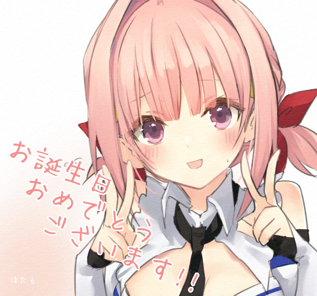 1girl, artist_name, assault_lily, bare_shoulders, black_necktie, blush, braid, collared_shirt