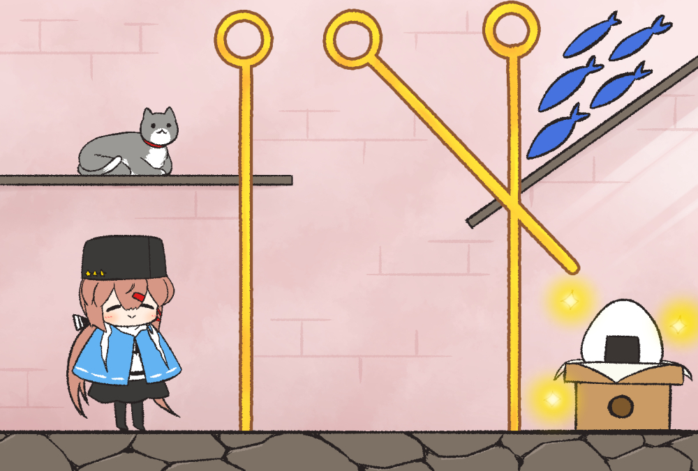 1girl, black_bow, black_footwear, black_headwear, black_skirt, blue_shawl, bow, brown_hair