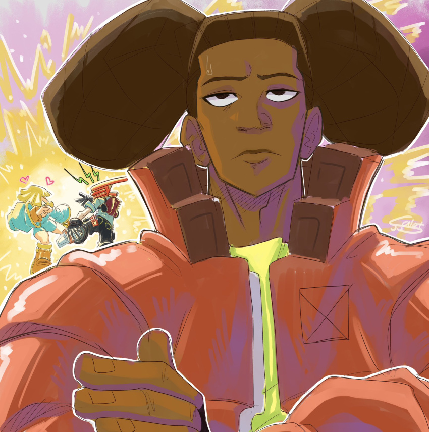 1girl, 2boys, annoyed, bel_(bomb_rush_cyberfunk), blonde_hair, blue_jumpsuit, bob_cut, bomb_rush_cyberfunk, boots, braid, brown_hair, closed_mouth, crossed_arms, cyberhead, dancing, dark-skinned_male, dark_skin, english_commentary, furrowed_brow, heart, highres, jacket, jetpack, jjsucksalot, jumpsuit, layered_clothes, lightning_bolt_symbol, multiple_boys, open_mouth, orange_footwear, red_(bomb_rush_cyberfunk), red_jacket, shirt, short_hair, short_jumpsuit, smile, solo_focus, sweatdrop, tryce_(bomb_rush_cyberfunk), twin_braids, two-tone_background, yellow_shirt