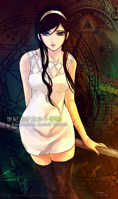 1girl, arm_support, black_hair, black_legwear, black_thighhighs, blue_eyes, bunny_shake, copyright_name, dress, feet_out_of_frame, female, hairband, headband, kumashiro_maya, legs, long_hair, minidress, seikimatsu_occult_gakuin, sleeveless, sleeveless_dress, solo, standing, thigh-highs, thighhighs, title_drop, white_dress, white_hairband, zettai_ryouiki