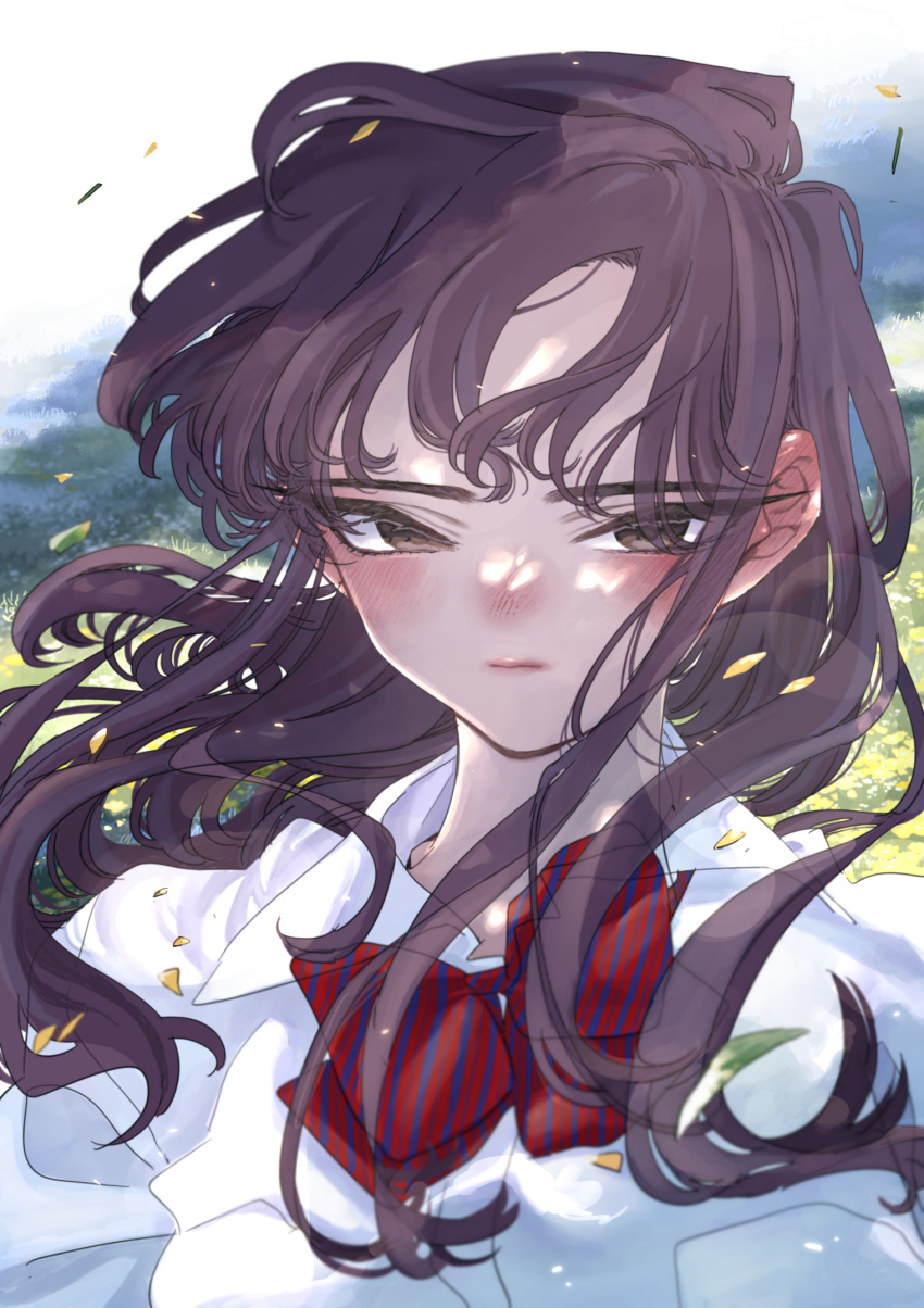 1girl, black_hair, blurry, blush, bow, bowtie, brown_eyes, close-up