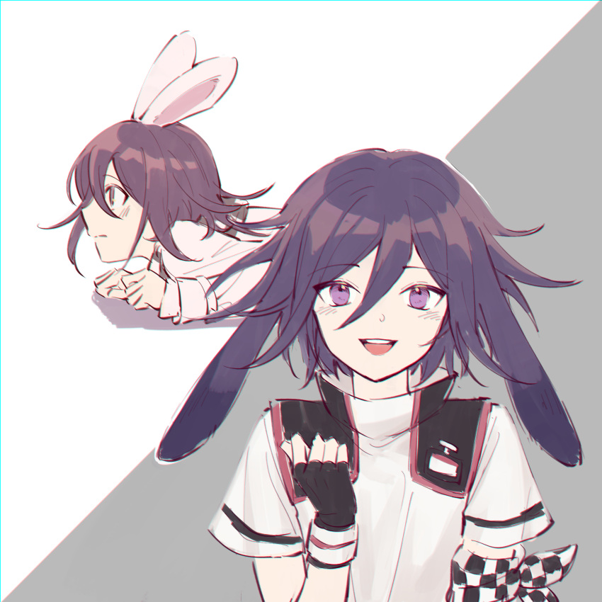 1boy, :d, animal_ears, black_gloves, black_hair, blush, checkered_armband, danganronpa_(series), danganronpa_v3:_killing_harmony, dog_ears, ewa_(seraphhuiyu), fingerless_gloves, gloves, grey_background, highres, long_sleeves, lying, male_focus, multiple_views, oma_kokichi, on_stomach, pink_eyes, profile, rabbit_ears, shirt, smile, teeth, upper_teeth_only, white_background, white_shirt