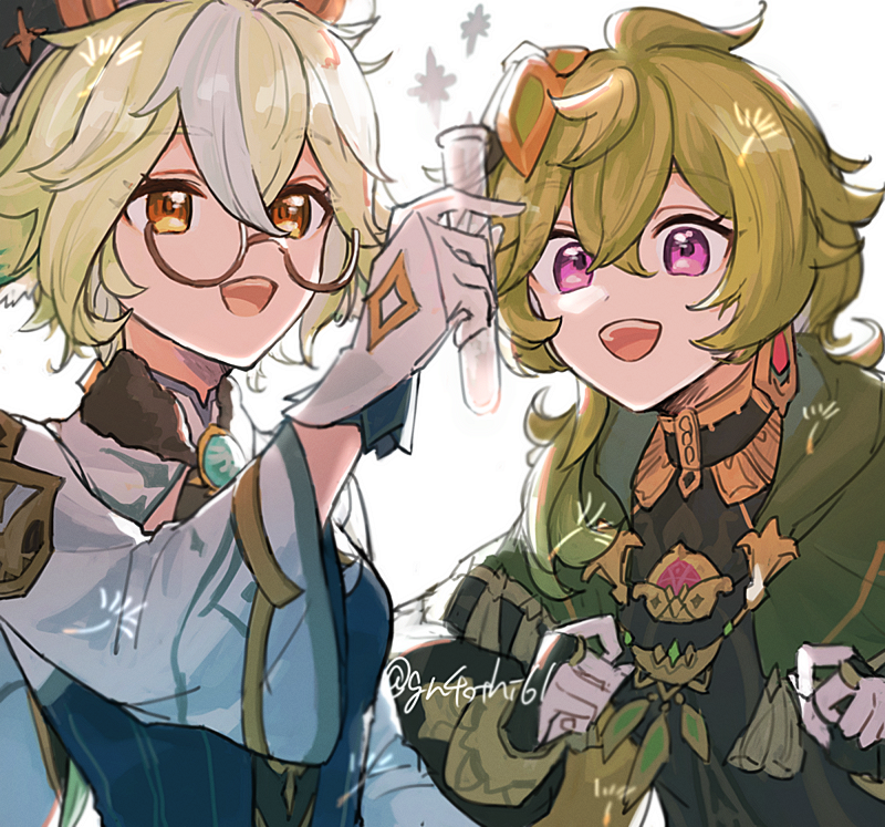 2girls, :d, artist_name, bridal_gauntlets, brown-framed_eyewear, cape, capelet, clenched_hands