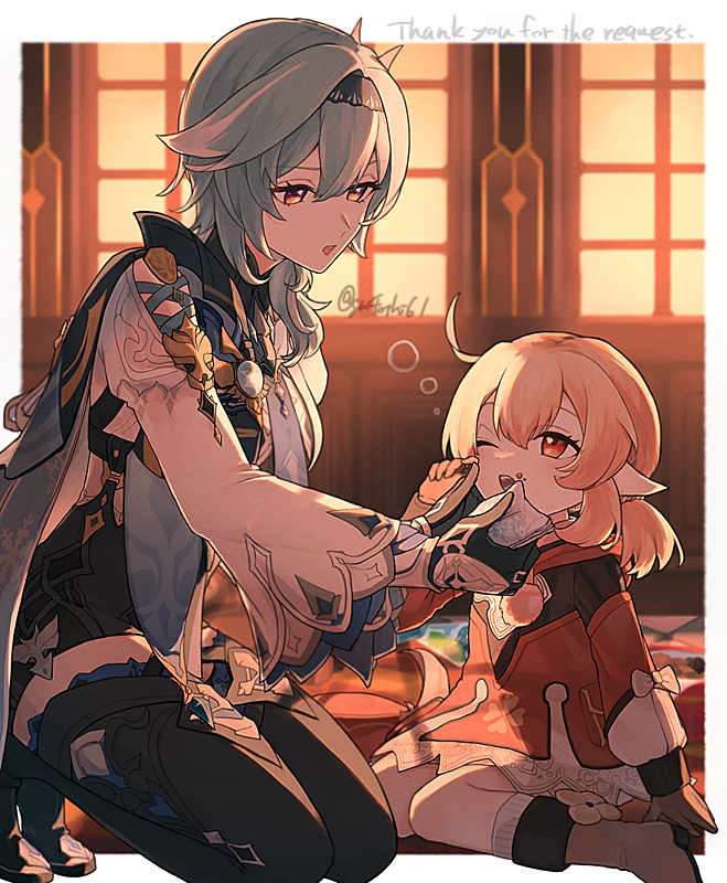 2girls, ahoge, artist_name, black_footwear, black_gloves, black_hairband, black_shorts, blonde_hair, bloomers, blue_cape, blue_hair, blue_necktie, boots, border, bow, brown_footwear, brown_gloves, cape, coat, eula_(genshin_impact), food, food_on_face, genshin_impact, gloves, gn4othi61, hair_between_eyes, hair_intakes, hair_ornament, hair_over_shoulder, hairband, hand_up, high-waist_shorts, indoors, klee_(genshin_impact), kneeling, long_sleeves, looking_at_another, low_twintails, medium_hair, multicolored_eyes, multiple_girls, napkin, necktie, no_headwear, one_eye_closed, open_mouth, outside_border, pointy_ears, pom_pom_(clothes), red_coat, red_eyes, shorts, sidelocks, sitting, sleepy, teeth, thigh_boots, twintails, twitter_username, underwear, upper_teeth_only, vambraces, violet_eyes, vision_(genshin_impact), wariza, white_bloomers, white_border, white_bow, wide_sleeves, wiping_face, yellow_eyes