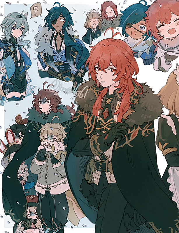 4boys, 4girls, :d, ?, ^_^, adelinde_(genshin_impact), aether_(genshin_impact), aged_down