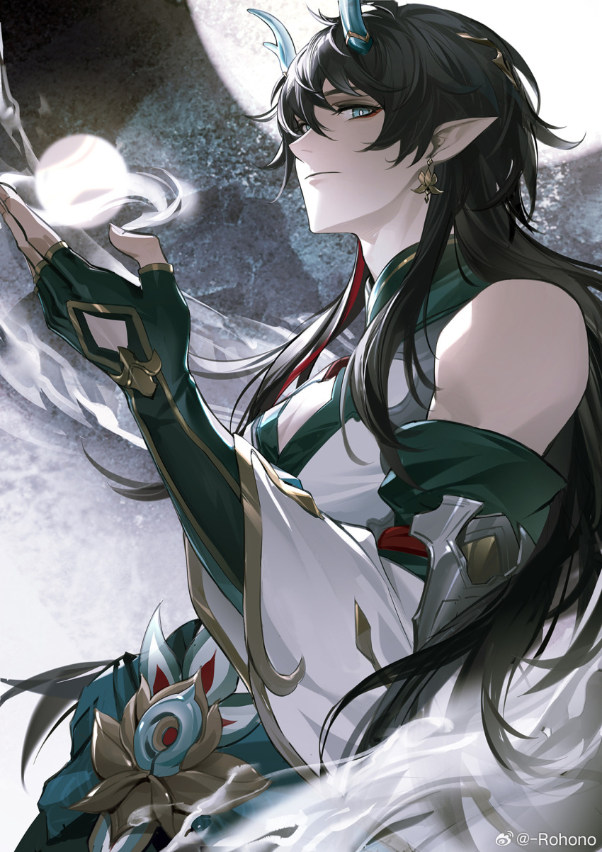 1boy, bare_shoulders, black_gloves, black_hair, chinese_clothes, dan_heng_(honkai:_star_rail), dan_heng_(imbibitor_lunae)_(honkai:_star_rail), detached_sleeves