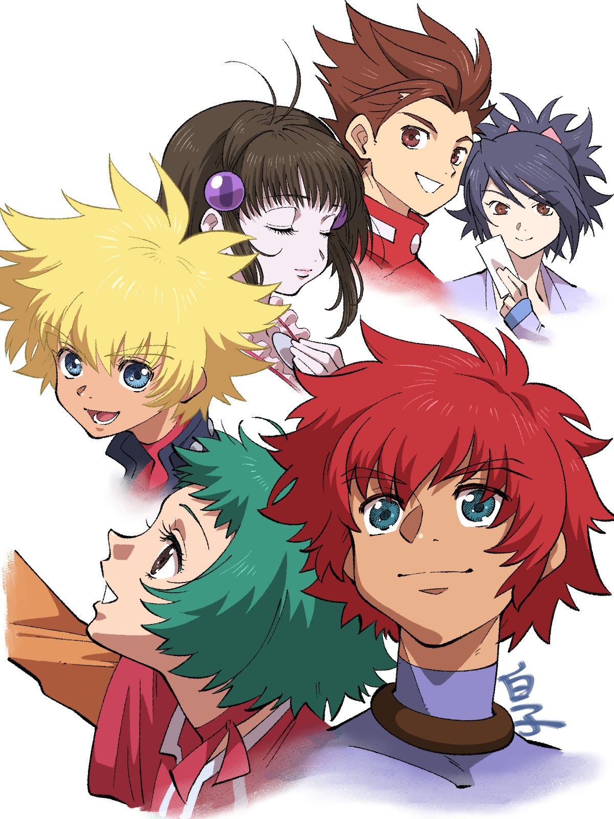 3boys, 3girls, anime_coloring, black_hair, blonde_hair, blue_eyes, brown_eyes, brown_hair