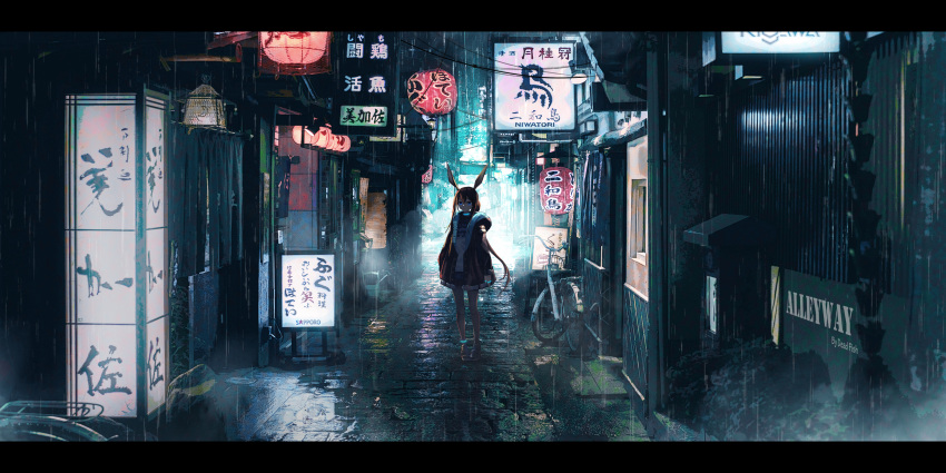 1girl, absurdres, alley, amiya_(arknights), animal_ears, arknights, artist_name, bicycle, blue_eyes, brown_hair, collar, de4d_fish, english_text, full_body, highres, jewelry, lantern, light, multiple_rings, rabbit_ears, rain, ring, scenery, sign, single_ankle_cuff, solo, standing, title