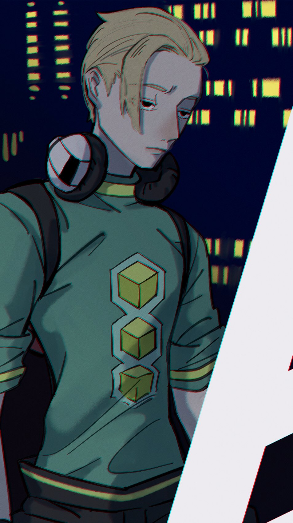 1boy, black_eyes, black_pants, blonde_hair, bomb_rush_cyberfunk, building, commentary, faux_(bomb_rush_cyberfunk), gaiaku_aoz, green_shirt, half-closed_eyes, headphones, headphones_around_neck, highres, ladder, looking_up, male_focus, night, pants, shirt, skyscraper, solo, t-shirt, upper_body