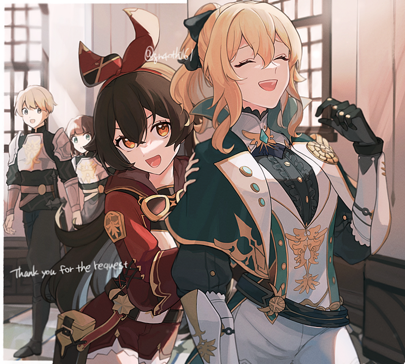 1boy, 3girls, ^_^, amber_(100_outrider)_(genshin_impact), amber_(genshin_impact), arm_guards, armor, artist_name