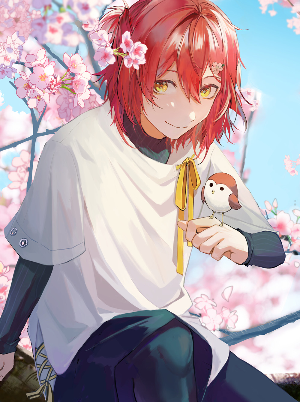 1boy, baggy_clothes, bird, bird_on_hand, black_leggings, black_shorts, blue_sky, cherry_blossoms, geolu, hair_between_eyes, hair_ornament, hairpin, hanasaki_miyabi, highres, holostars, kyomu_suzume, leggings, looking_at_viewer, male_focus, redhead, short_hair, shorts, sitting, sky, smile, solo, tree, virtual_youtuber, yellow_eyes