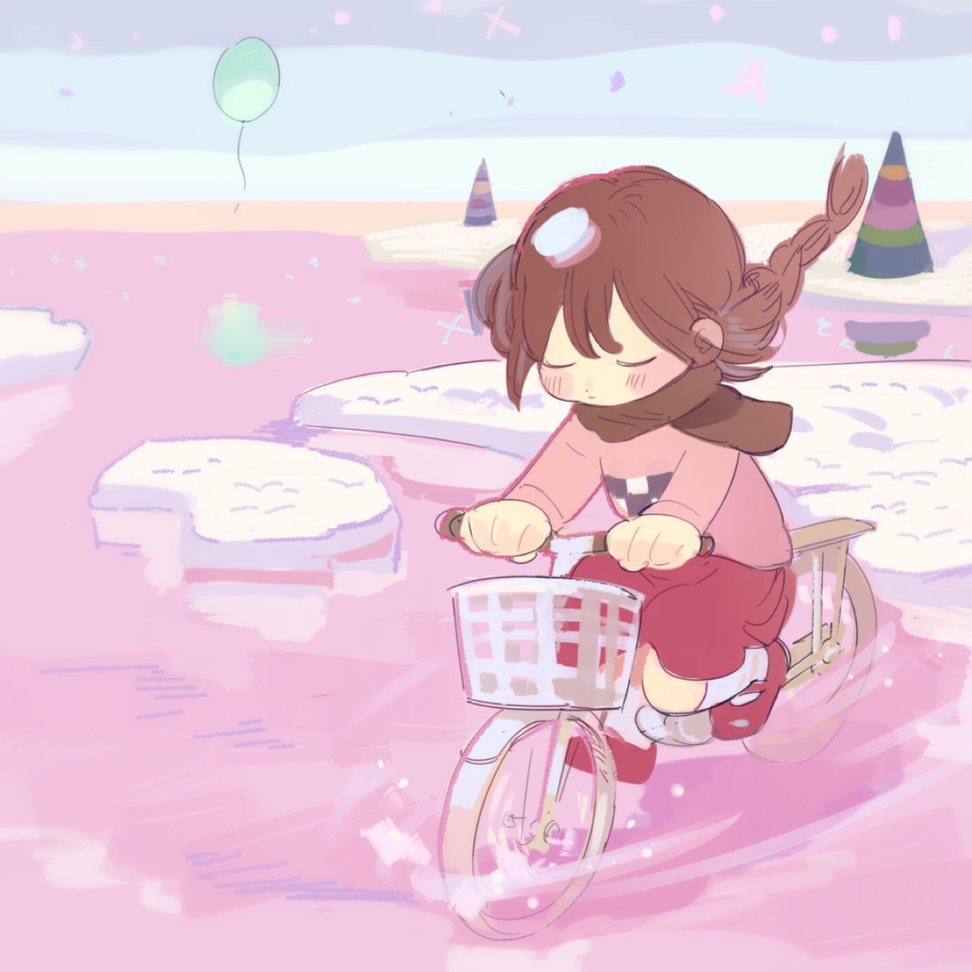 1girl, balloon, bicycle, bicycle_basket, braid, brown_hair, brown_scarf, chibi