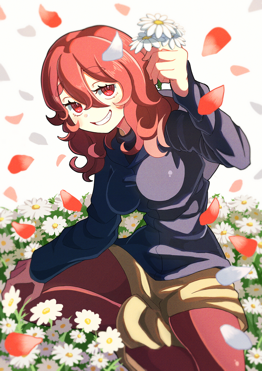 1girl, arm_up, baggy_clothes, blue_hoodie, breasts, crossed_legs, falling_petals, field, flower, flower_field, galleria_no_chika_meikyuu_to_majo_no_ryodan, hair_between_eyes, highres, holding, holding_flower, hood, hoodie, large_breasts, leggings, looking_at_viewer, medium_hair, natyl_colbert, petals, red_eyes, red_leggings, redhead, shorts, sitting, smile, solo, tebasashi_(ewfewsfsf), teeth, wavy_hair, white_background, white_flower, yellow_shorts