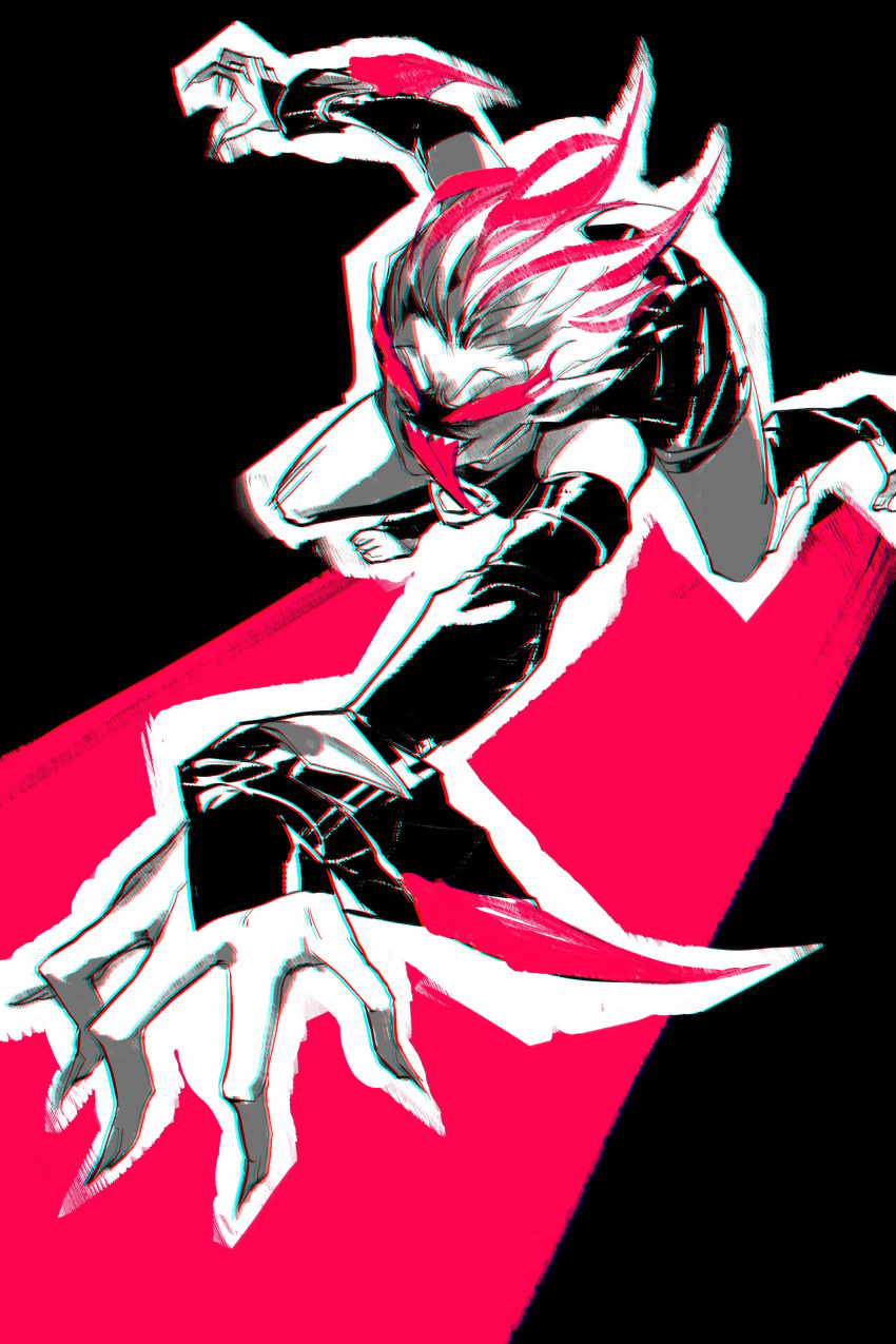 1girl, absurdres, black_background, briar_(league_of_legends), chromatic_aberration, colored_skin, detached_sleeves, english_commentary