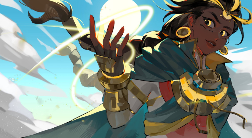 1girl, blue_sky, braid, cape, clouds, cloudy_sky, dark-skinned_female, dark_skin, earrings, facial_mark, fingerless_gloves, gloves, heiban, highres, illari_(overwatch), jewelry, open_hand, overwatch, overwatch_2, sky, solo, sun, upper_body, v-shaped_eyebrows