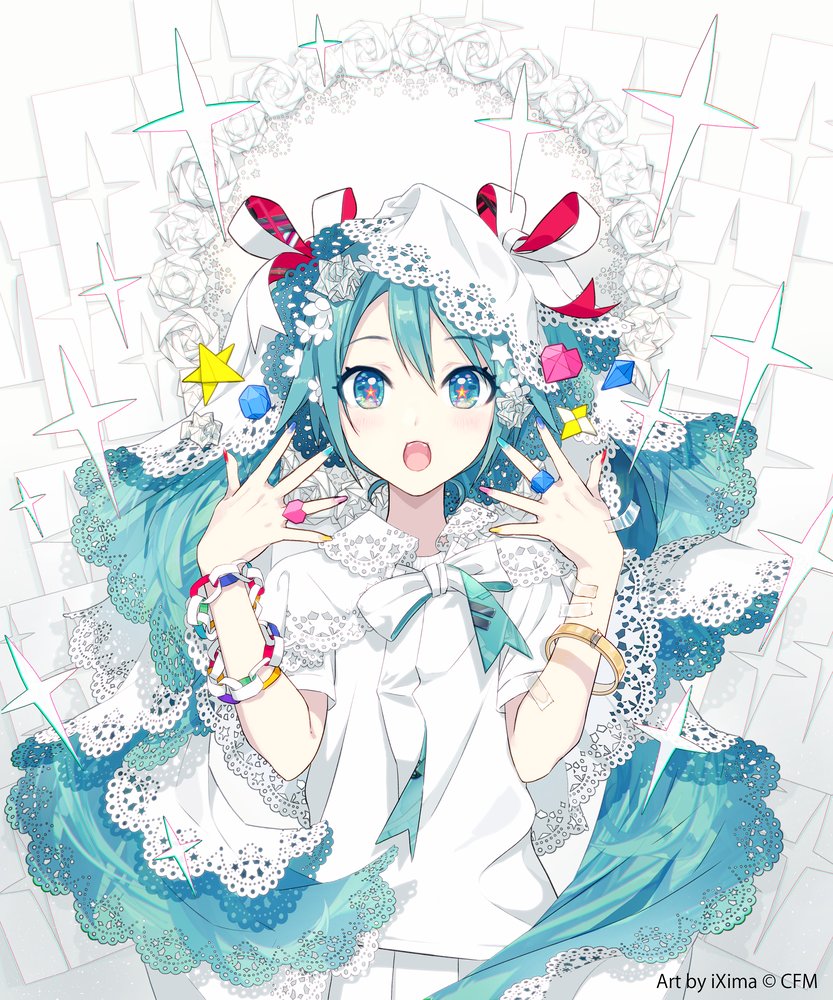 1girl, aqua_eyes, aqua_hair, aqua_nails, aqua_ribbon, aqua_theme, artist_name, bracelet