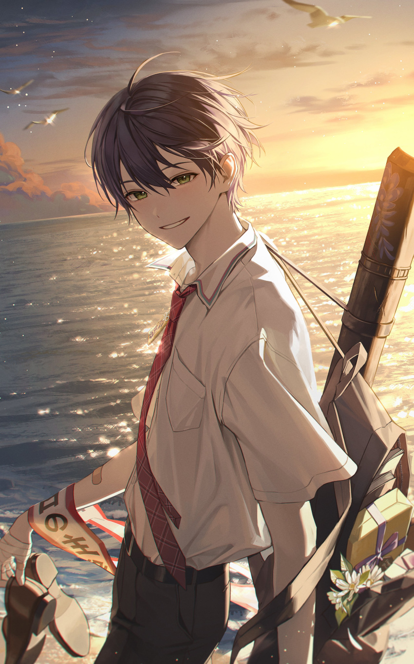 1boy, absurdres, backpack, bag, belt, black_belt, black_pants, collared_shirt, green_eyes, haero, highres, holding, holding_shoes, kenmochi_touya, looking_at_viewer, male_focus, necktie, nijisanji, ocean, pants, purple_hair, red_necktie, shirt, shoes, smile, solo, sunset, virtual_youtuber, white_shirt