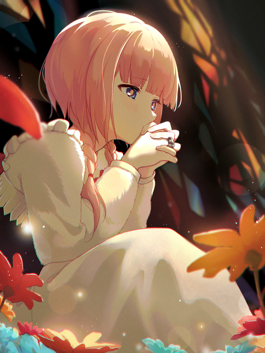 1girl, absurdres, blue_eyes, blush, braid, dress, flower, highres