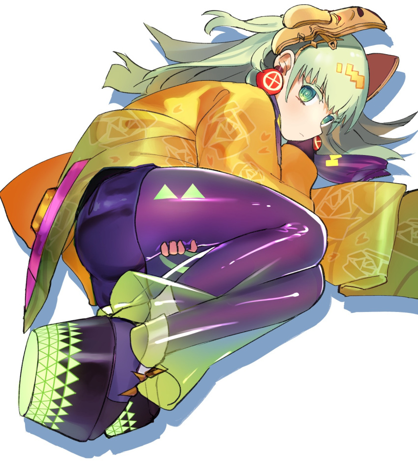 1girl, colored_eyelashes, duel_monster, ear_ornament, earrings, fake_horns, fetal_position, green_eyes