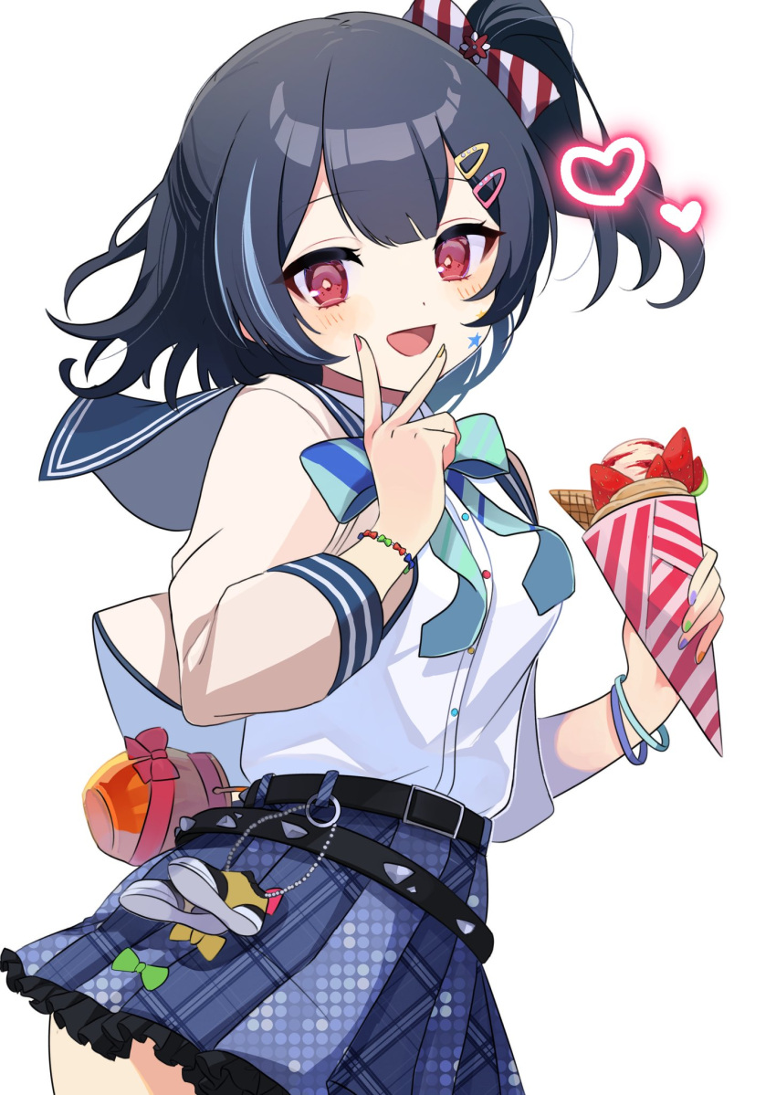 1girl, aqua_bow, aqua_bowtie, belt, belted_skirt, black_belt, black_hair, blue_sailor_collar