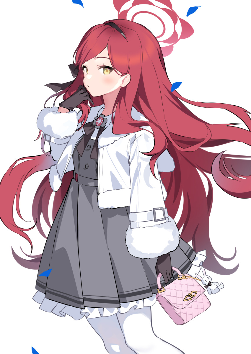 1girl, 446784331, absurdres, black_bow, black_bowtie, black_gloves, black_hairband, blue_archive