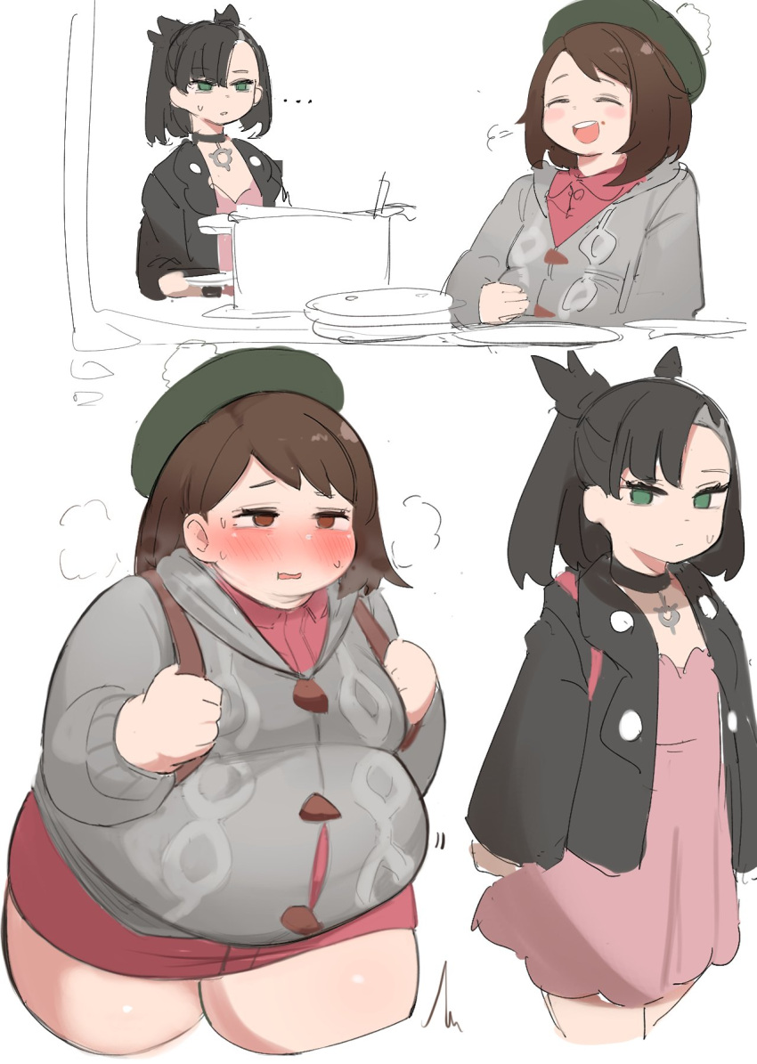..., 2girls, =3, arm_at_side, asymmetrical_bangs, asymmetrical_hair, black_choker, black_hair, blush, brown_eyes, brown_hair, cardigan, choker, closed_eyes, closed_mouth, cropped_legs, dishes, dot_nose, dress, fat, food, food_on_face, gloria_(pokemon), green_eyes, green_headwear, grey_cardigan, half-closed_eyes, hat, highres, hooded_cardigan, long_sleeves, marnie_(pokemon), medium_hair, multiple_girls, multiple_views, nimo_(b45ui), no_pupils, open_clothes, open_mouth, pink_dress, pokemon, short_shorts, shorts, simple_background, sweat, tam_o'_shanter, thick_thighs, thighs, tsurime, white_background, wing_collar