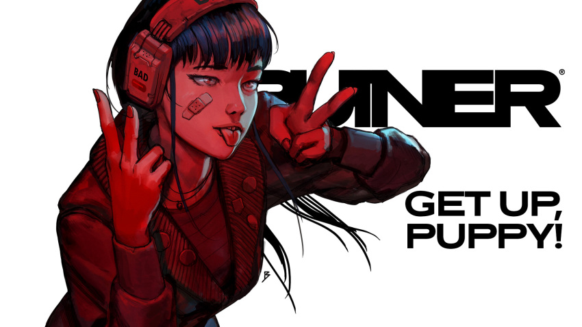 1girl, ahegao, bandaid, bandaid_on_cheek, bandaid_on_face, benedykt_szneider, black_hair, brown_eyes, commentary, copyright_name, cyberpunk, double_v, english_commentary, english_text, fingernails, headphones, her_(ruiner), highres, jacket, limited_palette, long_hair, nose, official_art, rolling_eyes, ruiner, solo, v, white_background, wireless
