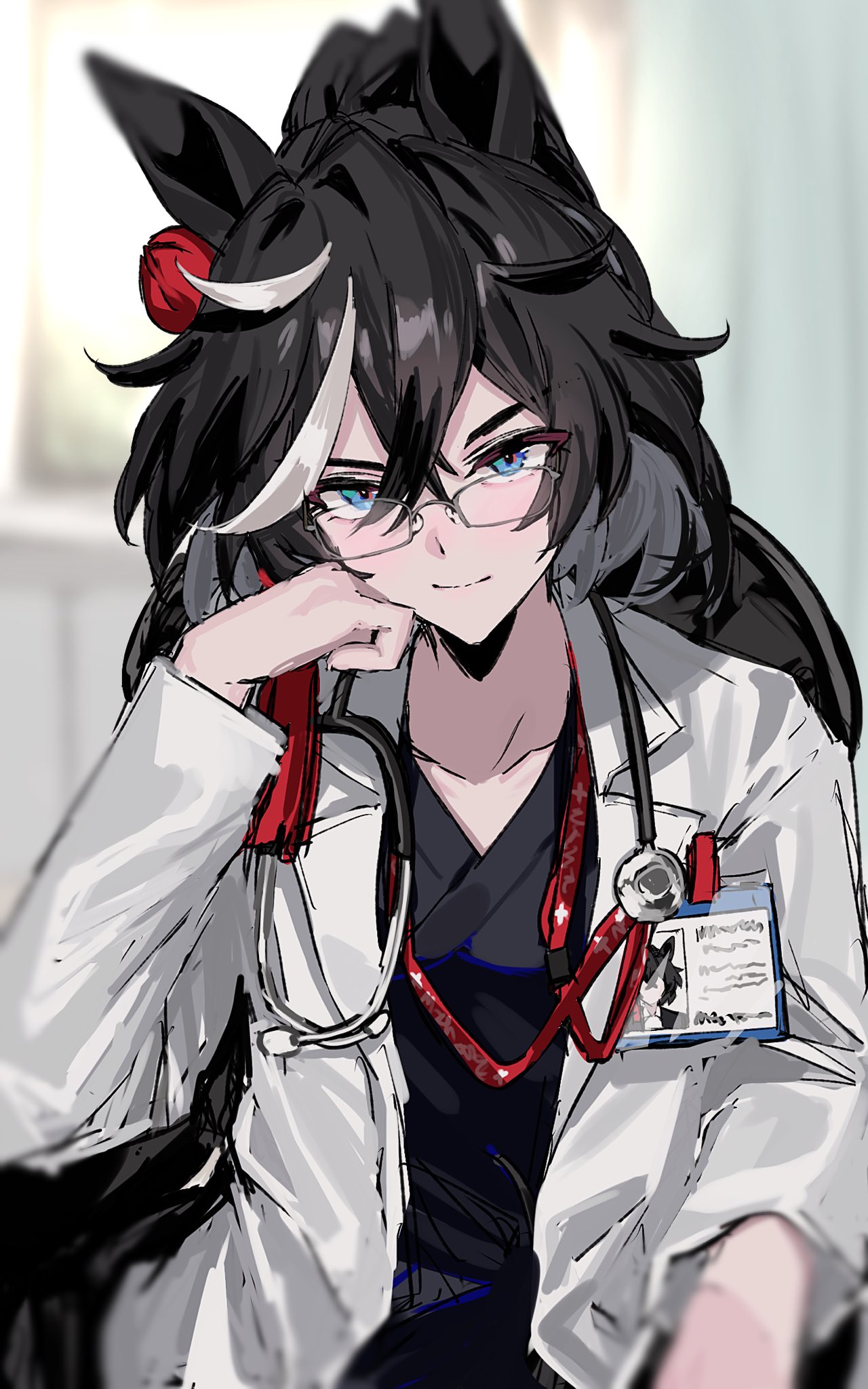 1girl, alternate_costume, animal_ears, bespectacled, black_hair, black_shirt, blue_eyes, coat